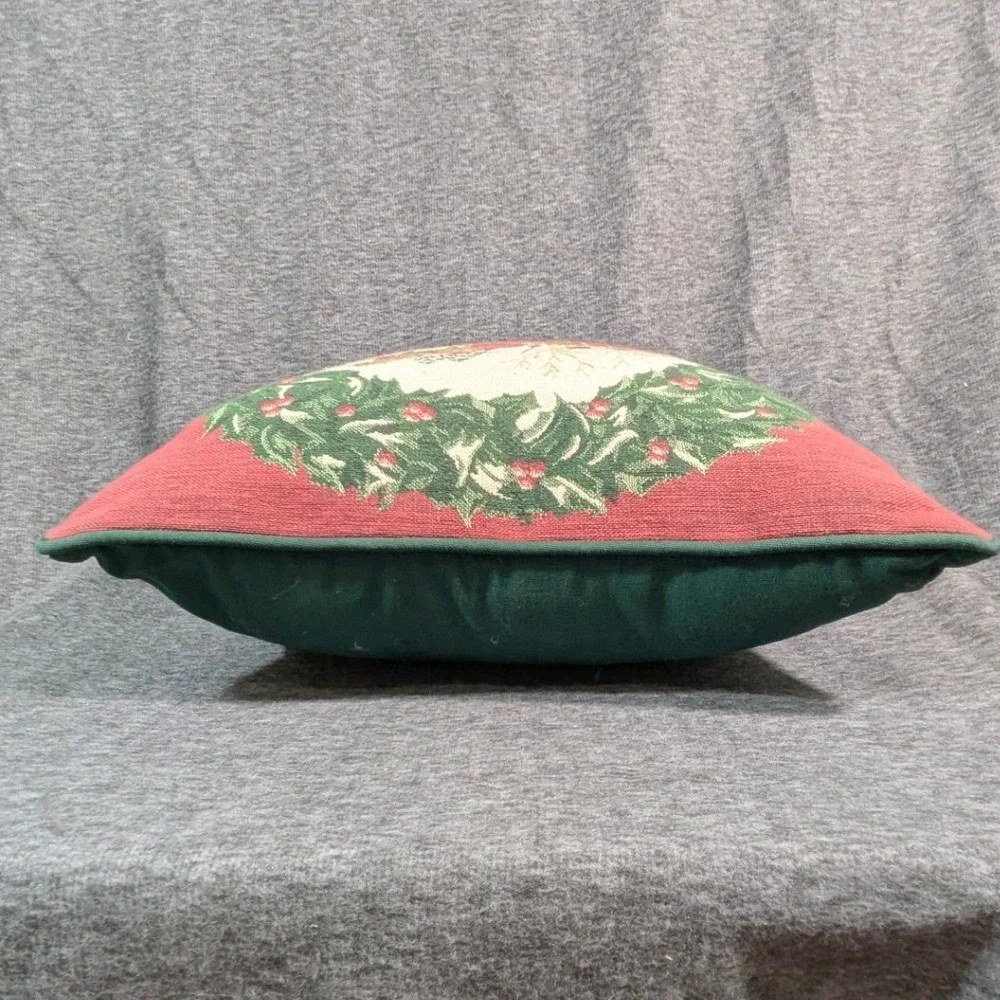 Vintage Christmas Woven Tapestry Pillow Horse Sleigh Wreath Red Green 16x16